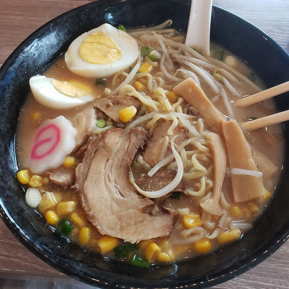 Chashu ramen with soft-boiled egg, narutomaki, corn, bamboo shoots, and bean sprouts